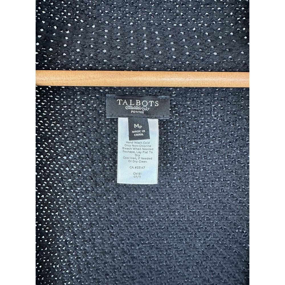 Talbots Cardigan Sweater Womens Petite Medium Black Wool Cotton Blend Open Front - Picture 4 of 7